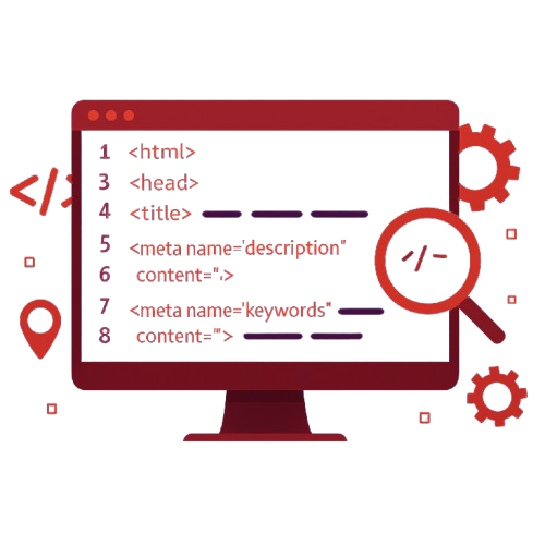 Computer screen displaying code, magnifying glass, and gears; illustrating ecommerce agency services.