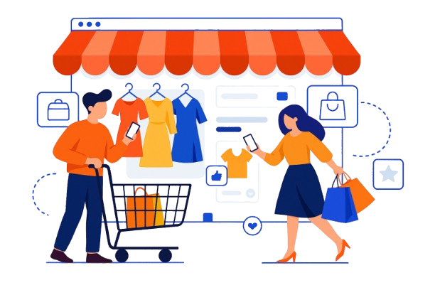 Illustration of online shopping: people using smartphones to buy clothes from an ecommerce website. Ecommerce website development services.